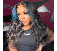JYZ Parrucca a righe Skunk parrucca frontale in pizzo blu per capelli umani ondulati 13X4 HD 200% densità evidenziare parrucche pre pizzicate con capelli del bambino 26 pollici parte centrale