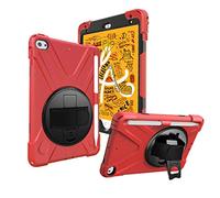 JZ 360 Degrees Kickstand Custodia Cover Compatible with iPad Mini 4/5 Stand Custodia with Wrist Strap,Shoulder Strap And Pencil Holder - Red