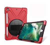 JZ 360 Degrees Kickstand Custodia Cover Compatible with New iPad 9.7 inch (2017/2018) Stand Custodia with Wrist Strap,Shoulder Strap And Pencil Holder - Red