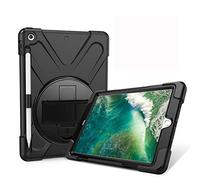 JZ 360 Degrees Kickstand Custodia Cover Compatible with New iPad 9.7 inch (2017/2018) Stand Custodia with Wrist Strap,Shoulder Strap And Pencil Holder - Black