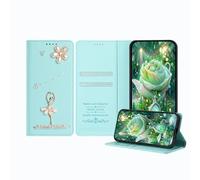 JZ Ballet Rhinestone Wallet Caso per Poco X4 GT/RedMi Note 12T Pro / K50i / 11T Pro Plus, Luxury Glitter Ballerina Design with Pearl Flower | PU Leather Cover with Card Slots - Baby Green