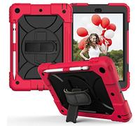JZ Bicolor Rotating Bracket Custodia Compatible with New iPad 10.2 inch (2019/2020) Stand Custodia with Wrist Strap,Shoulder Strap And Pencil Holder - Red + Black