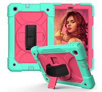 JZ Bicolor Rotating Bracket Custodia Compatible with Samsung Galaxy Tab A 10.1 2019 (SM-T510/T515) Stand Custodia with Wrist Strap And Shoulder Strap - Baby Green + Hot Pink
