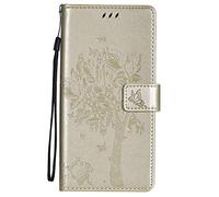JZ [Cat & Tree Wallet Custodia for per LG K42 PU Leather Wallet Flip Cover - Gold