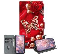 JZ Crystal Texture Caso per Xiaomi Poco M6 Pro 5G / RedMi 12 4G / Note 12R, Copertina del portafoglio in pelle PU verniciata fatta a mano con slot per carte e stand - Pearl Butterfly