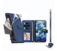 JZ Custodia a portafoglio con cerniera per TCL K70 / K70 Power Blue | Custodia a portafoglio in pelle a tracolla | tasca con cerniera | scomparti per carte di credito | cinturino da polso |
