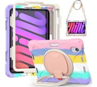 JZ Custodia Per iPad Mini 7 (A17 Pro)/ Mini 6th, antiurto resistente Heavy Duty con supporto rotante 360°,impugnatura e tracolla - Colourful Pink