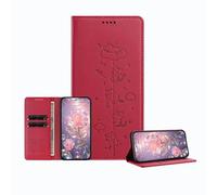 JZ Engraved Playful Cat Design Caso per OnePlus 12 5G Case [Custodia del portafoglio in pelle PU] [Blocco RFID] [Carica wireless compatibile] - Red