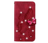 JZ Galaxy A21s Diamond Retro Butterfly Custodia Flower Wallet Flip Cover for per Samsung Galaxy A21s - Red