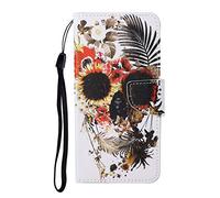 JZ Painted Design Wallet Custodia for per iPhone 11 Flip Cover with [Stand][Wrist Strap] - Skull Flower