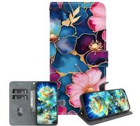 JZ PU Leather Caso per Moto G9 Play / E7 Plus Wallet Cover,Modello dipinto di tessura di cristallo fatta a mano con Kickstand & Card Holder- Blue Gold Flowers