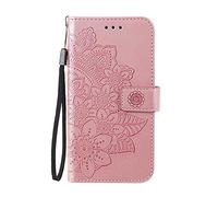 JZ Seven Petal Flower Wallet Custodia for per Galaxy A21s 3D Embossed Flip Cover for per Samsung A21s with Wrist Strap/Credit Card Slot - Rose Gold