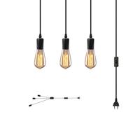 JZCDR Lampada a Sospensione con Spina e Interruttore, 3 Luci E27 Portalampada con Cavo e Corda di Canapa 3 m Industriale Nero per Camera da Letto, Soggiorno, Cucina
