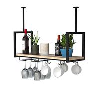 JZFOACHR Porta di vino appeso al soffitto con supporto in vetro e scaffale, scaffale galleggiante a barre vintage industriale, porta bottiglia di vino sospeso a soffitto (nera 80x30x60cm)