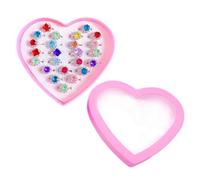 JZK 24x Anelli giocattolo regolabili con gemme artificiali per bambine dai 3 ai 10 anni, gioielli per travestirsi con scatola a forma di cuore, riempitivi per sacchetti regalo per feste di principesse
