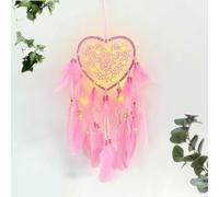 JZK Acchiappasogni a forma di cuore con piume rosa e pizzo e luci a LED per ragazza e donna regalo per compleanno matrimonio, decorazione ornamento da parete per camera da letto bambina