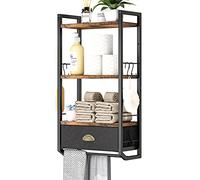 JZM Organizer da bagno a parete, scaffale per asciugamani da bagno a 3 livelli con cassetto portaoggetti doppio portasciugamani e ganci, mensole da bagno industriali sopra WC, rustico, nero e marrone