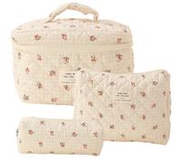 Jzoowar Borsa per Cosmetici Borsa per Trucco Trapuntata nel Cotone da 3 Pezzi Borsa da Toilette Floreale Estetica per,F