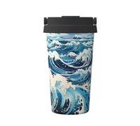JZQZH Ukiyo-e Style Waves, tazza da caffè portatile con design elegante e fondo antiscivolo, per ufficio, casa, scuola e uso all'aperto