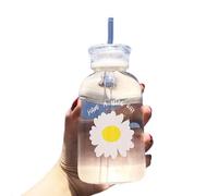JZSMY Borraccia da 480 ml per succo di latte, con scala 2 coperchi, piccola margherita, opaca, portatile, trasparente, in vetro, creativa, pratica tazza (trasparente 1 fiore)