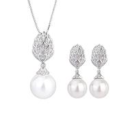 JZWCHQ 12-14 mm Orecchini per la collana a ciondolo perle bianchi per donne set di gioielli da sposa ad alto diamante di carbonio