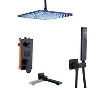 JZWCHQ Sistema di Doccia a LED Opaco Nero, con soffitta a Pioggia da 10 Pollici con Doccia a Mano, Set di rubinetti da Bagno a Cascata, valvole per miscelatori di Display a Temperatura, A, B