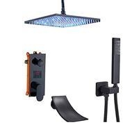 JZWCHQ Sistema di Doccia a LED Opaco Nero, con soffitta a Pioggia da 10 Pollici con Doccia a Mano, Set di rubinetti da Bagno a Cascata, valvole per miscelatori di Display a Temperatura, A, B