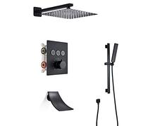 JZWCHQ Sistema di Doccia termostatica Opaca Nera, soffione con Pioggia in Acciaio Inossidabile, Doccia Portatile con Barra di Scorrimento, Set di rubinetti da Bagno a Muro a Cascata a Muro, 10