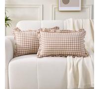 K MASANIJI Confezione da 2 federe per cuscini lombari, in cotone lavato, con volant, 30,5 x 50,8 cm, con chiusura a cerniera (lombare, tortora/bianco a quadri)