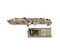 K25 19760. Coltello da tasca camo marrone. Impugnatura in alluminio. Include rottura vetro e taglia cinture. Caccia