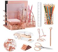 KAAKOW - Set accessori per ufficio, con cucitrice, portapenne, supporto per telefono, forbici, penna, righello, 30 graffette, 22 clip per raccoglitori, 20 puntine e 1000 punti metallici, oro rosa
