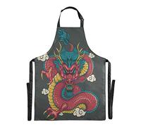 KAAVIYO Drago Rosso Cina Cinese Impermeabile Grembiule Cucina Cuoco Grembiuli da Cameriera con Tracolla Regolabile a 2 Tasche per Bar Giardino Donne Uomini