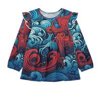 KAAVIYO Polpo Astratto Rosso Blu Onda Camicie Eleganti A Maniche Lunghe,Camicette Top Casual per Bambine da 1 a 5 Anni