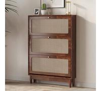KaBuea Portascarpe nascosto con ingresso in rattan, scarpiera stretta per ingresso Armadio organizer per scarpe in legno autoportante sottile con 3 cassetti ribaltabili