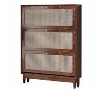 KaBuea Scarpiera a 3 cassetti ribaltabili, scarpiera in rattan con gambe in legno, scarpiera stretta autoportante per ingresso