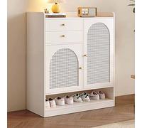 KaBuea Shoe Cabinet with Rattan Doors & Drawer, Dustproof & Ventilated, Entryway, Closet, Home Shoe Storage (White)(100cm)