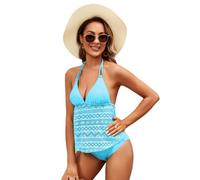 KACCDE Tankini con schiena scoperta, set da 2 pezzi, costume da bagno che nasconde la pancia con laccio laterale regolabile in tessuto elastico di colore alto taglio posteriore Tankini