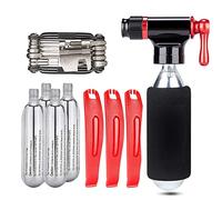 Kadacha Kit di gonfiaggio CO2 con cartucce filettate 5x16g CO2 - Valvole Presta e Schrader compatibili - Pompa CO2 portatile per pneumatici bici con multi-attrezzo per bicicletta e kit di riparazione