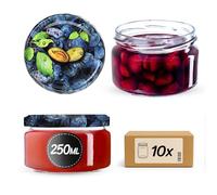 KADAX 10 vasetti per conserve da 250 ml, con coperchio Twist-Off fi82, per dessert, ermetici e lavabili in lavastoviglie, vetro a parete spessa, scelta di tappi a vite (prugne)