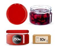 KADAX 10 vasetti per conserve da 250 ml, con coperchio Twist-Off fi82, per dessert, ermetici e lavabili in lavastoviglie, vetro a parete spessa, scelta di tappi a vite (rosso)