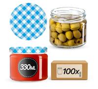 KADAX - 100 vasetti con coperchio a vite, vasetti per marmellata da 330 ml, barattoli per conserve per marmellate, confetture, miele, vasetti con chiusura a vite (blu a scacchi)
