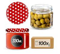 KADAX 100 vasetti per conserve con coperchio a vite, vasetti per marmellata da 330 ml, vasetti per conserve per marmellate, confetture, miele, vasetti con chiusura a vite (punti rossi)