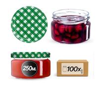 KADAX 100 vasetti per conserve da 250 ml, con coperchio Twist-Off fi82, per dessert, ermetici e lavabili in lavastoviglie, vetro a parete spessa, selezione di tappi a vite (verde a quadretti)