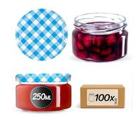 KADAX 100 vasetti per conserve da 250 ml, con coperchio Twist-Off fi82, per dessert, ermetici e lavabili in lavastoviglie, vetro a parete spessa, selezione di tappi a vite (blu a quadretti)