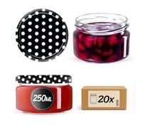 KADAX 20 vasetti per conserve da 250 ml, con coperchio Twist-Off fi82, per dessert, ermetici e lavabili in lavastoviglie, vetro a parete spessa, selezione di tappi a vite (nero a pois