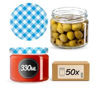 KADAX - 50 vasetti per conserve con coperchio a vite, vasetti per marmellata da 330 ml, barattoli per conserve di marmellate, confetture, miele, con chiusura a vite (blu a scacchi)