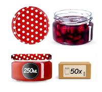 KADAX 50 vasetti per conserve da 250 ml, con coperchio Twist-Off fi82, per dessert, ermetici e lavabili in lavastoviglie, in vetro a pareti spesse, scelta di tappi a vite (rosso a pois)