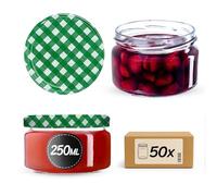 KADAX 50 vasetti per conserve da 250 ml, con coperchio Twist-Off fi82, per dessert, ermetici e lavabili in lavastoviglie, vetro a parete spessa, selezione di tappi a vite (verde a quadretti)