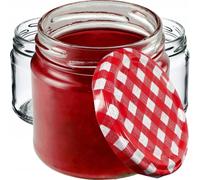 KADAX Barattoli Ermetici di Vetro da 200 ml, Vassetti Piccoli con Coperchio a Vite per Conserve di Frutta, Marmellate e Miele (Set di 10, Quadri Rossi)