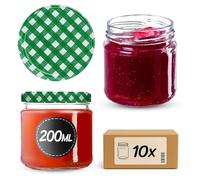KADAX Barattoli Ermetici di Vetro da 200 ml, Vassetti Piccoli con Coperchio a Vite per Conserve di Frutta, Marmellate e Miele (Set di 10, Quadri Verdi)